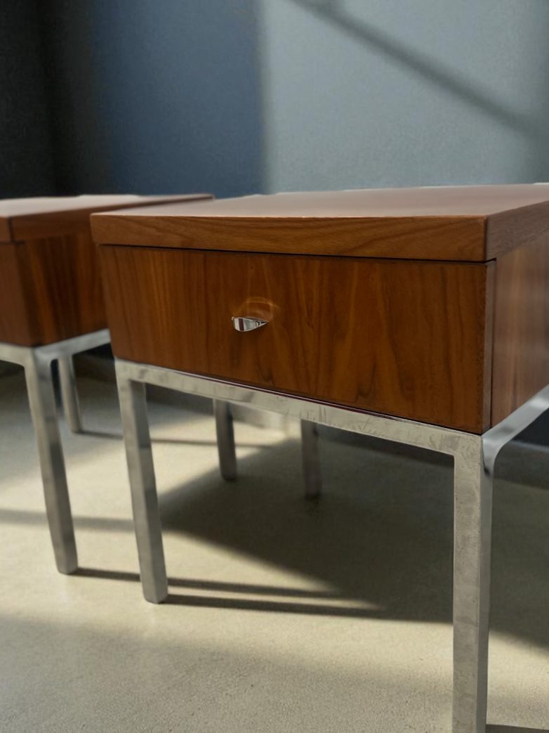 Modern walnut bedside tables shadows by window