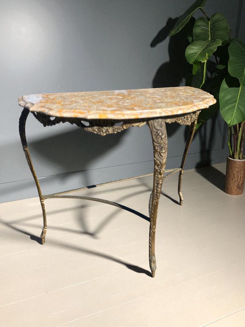 Vintage Brass & Marble Half-Moon Console Table – full front view