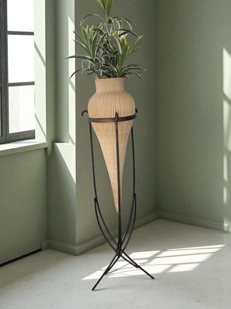 Rolf Benz cone pot on dark brown steel stand with artificial plant, imported from Germany