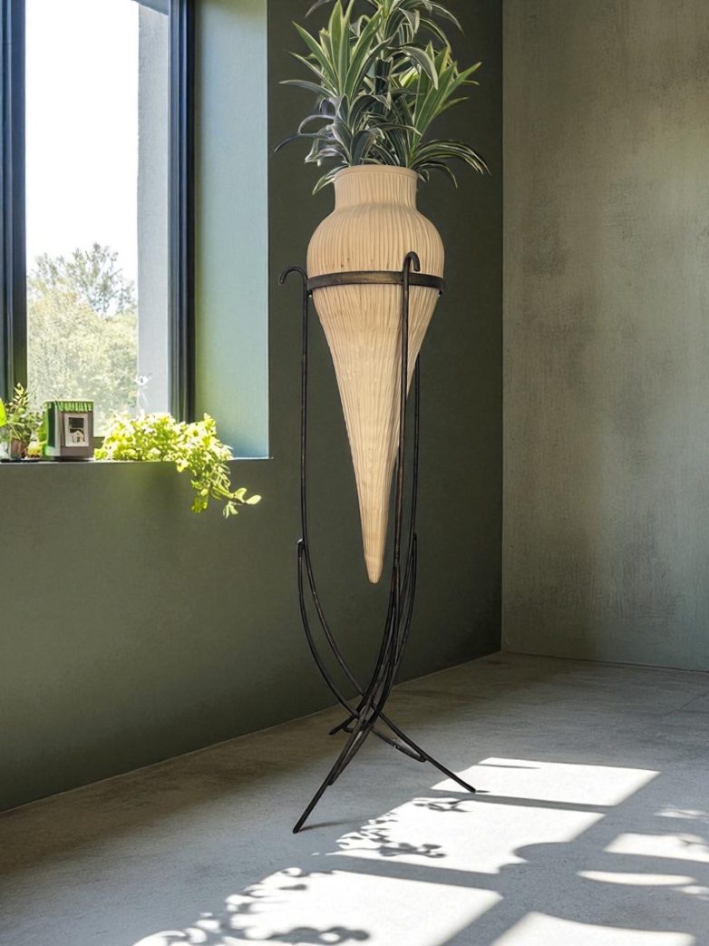 Rolf Benz cone pot on dark brown steel stand with artificial plant, imported from Germany