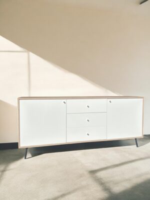 2-Door 3-Drawer Sideboard – Oak and White with Gold Handles