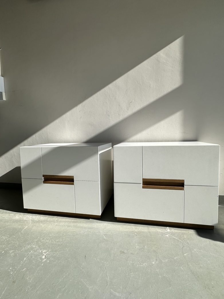 Pair of Modern White Bedside Pedestals with Oak Detail – Scandinavian Contemporary Design