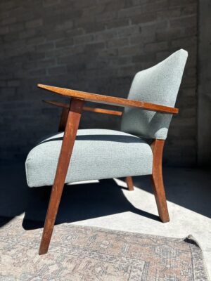Mid-Century Modern Armchair – Reupholstered in Light Teal Blue Fabric